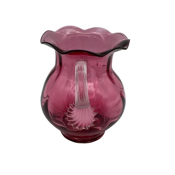 Cranberry Glass Small Pitcher w/ Applied Handle Hand Blown Pontil 4" Tall - Picture 2 of 6